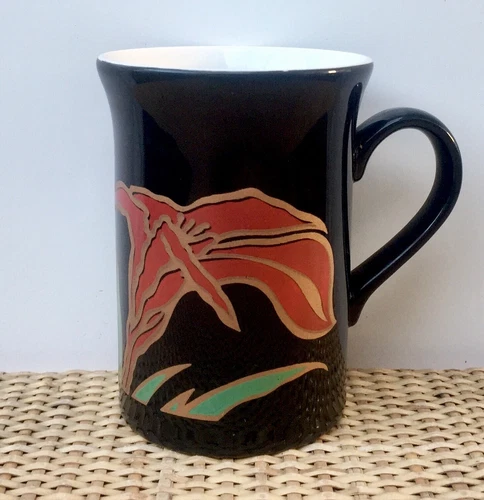 Vintage 80’s KILN CRAFT MUG Staffordshire ENGLAND BLACK, PINK /RED LILY Flower