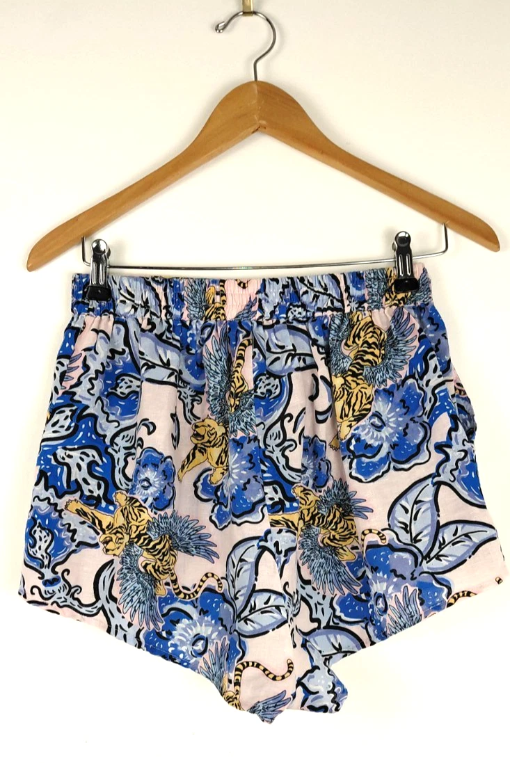Las Sureñas Women's Size Large Linen Tiger Shorts White Blue