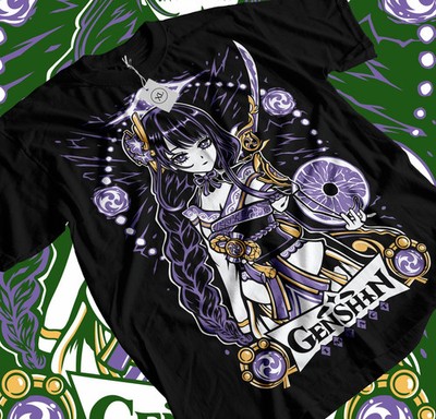 Anime Genshin Impact Raiden Shogun Graphic Black T-Shirt Size S-5XL