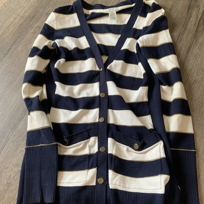 Cache Cardigan XS Navy & Cream & Gold Glitter Stripes Snap Button Cardigan 