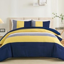 Comforter Set Queen, Reversible Blue Striped Patchwork Down Alternative