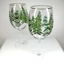 Christmas Tree Wine Glasses Rhinestone Gold Rim Holiday Cocktail Bar Set of 2