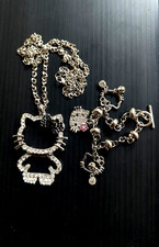 Hello Kitty Chain Necklace 28" Charm Bracelet 7.5" Rhinestone Silver Tone Set