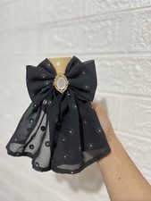 1 pc Black chiffon crystal dots hair barrette clip bow for kids, teens  adults