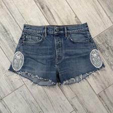 Women s Blue Denim Levi s Jean Cut Off Shorts Size 27 with Embroidery Details