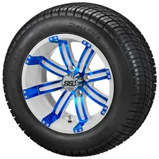 (4) Golf Cart 215/50-12 Deli Street Tires on 12x7 White/Blue Tempest Wheels