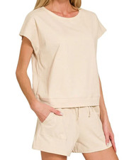 Zenana Premium Cotton Short Sleeve Top  Short Set Women's S Sand Beige NWOT
