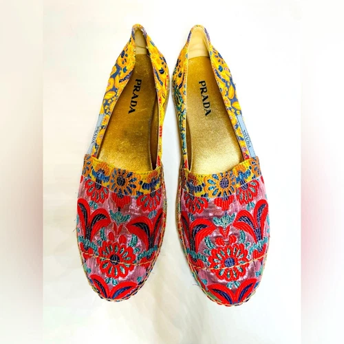 Espadrille Prada rouge bleu floral brocart multicolore jacquard 20 mm EU 41 US11