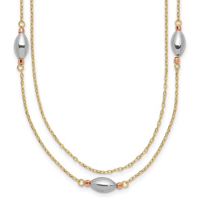 14K Tri-Color Gold 2 Strang mit Puff Perlen Kabel Kette Halskette 18'' mit 2 in Ext.