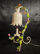 Vintage Italian Tole Flower Table Lamp Metal Tulip Shade Hand Painted, Works! 