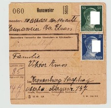 +Dt. Bes. II.WK Elsass Int Paketkarte mit MiF Hunaweier - Kronenburg 1944 +