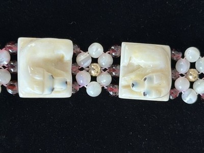 Alaskan Carved Polar Bear Beaded Bracelet 14K GF Clasp Garnet Tone 7 