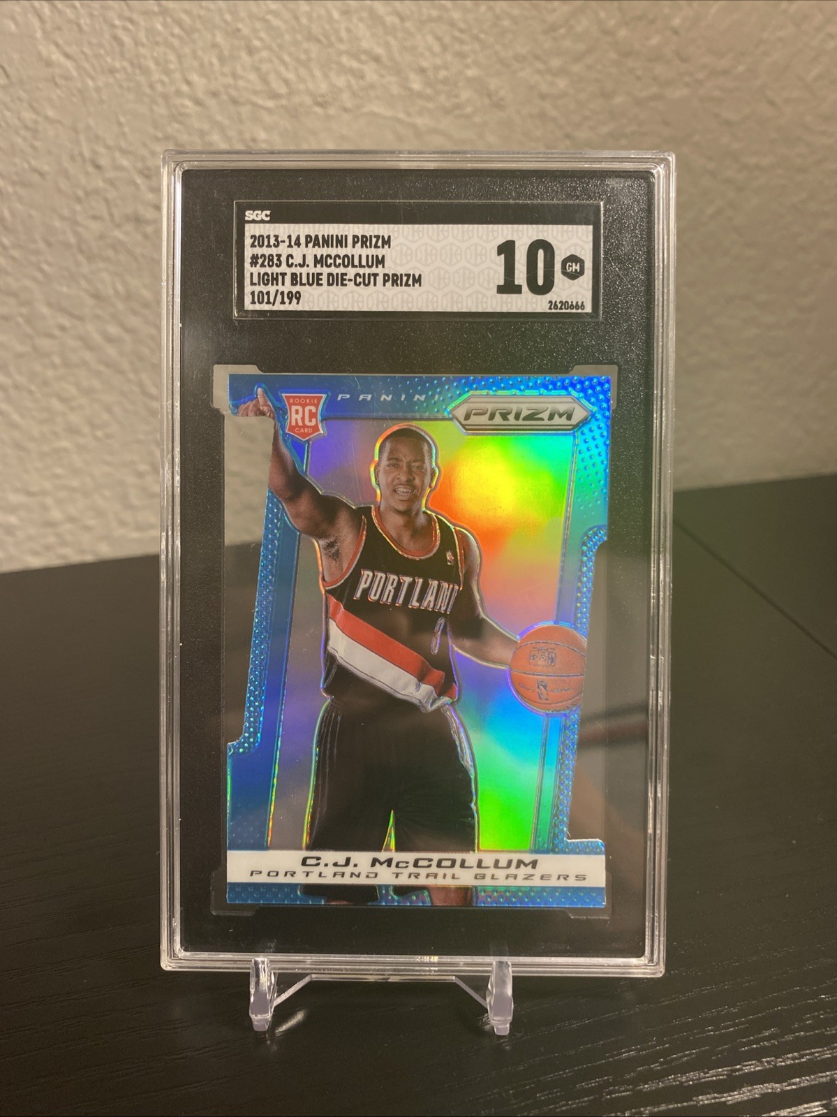 2013-14 Prizm CJ McCollum RC Prizm Light Blue Die Cut #/199 SGC 10