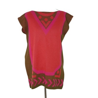 Vintage 90s Rodier Paris Women Knit Tunic Pink Cap Sleeves Geometric Medium
