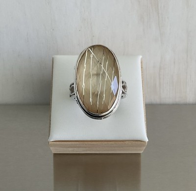 Sajen Solitär Ring Quarz mit Silber Rutil Nadeln 925 Sterling Silber Größe 7
