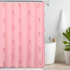 Pink Shower Curtain with Bow Cute Scalloped Waterproof Aesthetic Bathroom Decor
