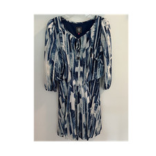 Vince Camuto Blue White Geometric Tie Neck Knee Length Dress 3/4 Sleeve Size 8