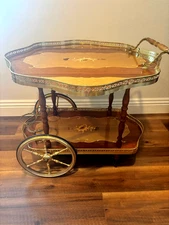 VINTAGE TEA/COFFEE/DESSERT WHEELED SERVING CART Brown/Goldtone/Floral Detail