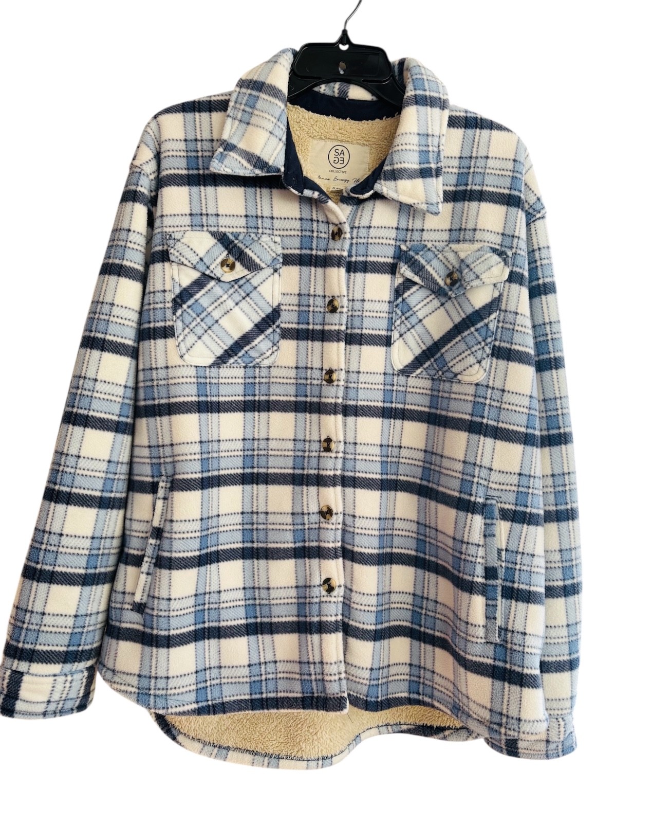 Sage Collective Sherpa Lined Shacket Sz XL Blue Plaid Flannel Jacket Casual Cozy
