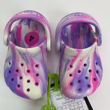 CROCS Kid's Size 4 Classic Glow In Dark Clogs Marbled Pink Purple Slip On NWT