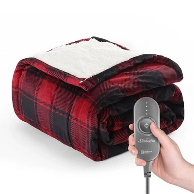 Sunbeam Heated Microplush Sherpa Throw 50×60″ – Red Plaid with Remote