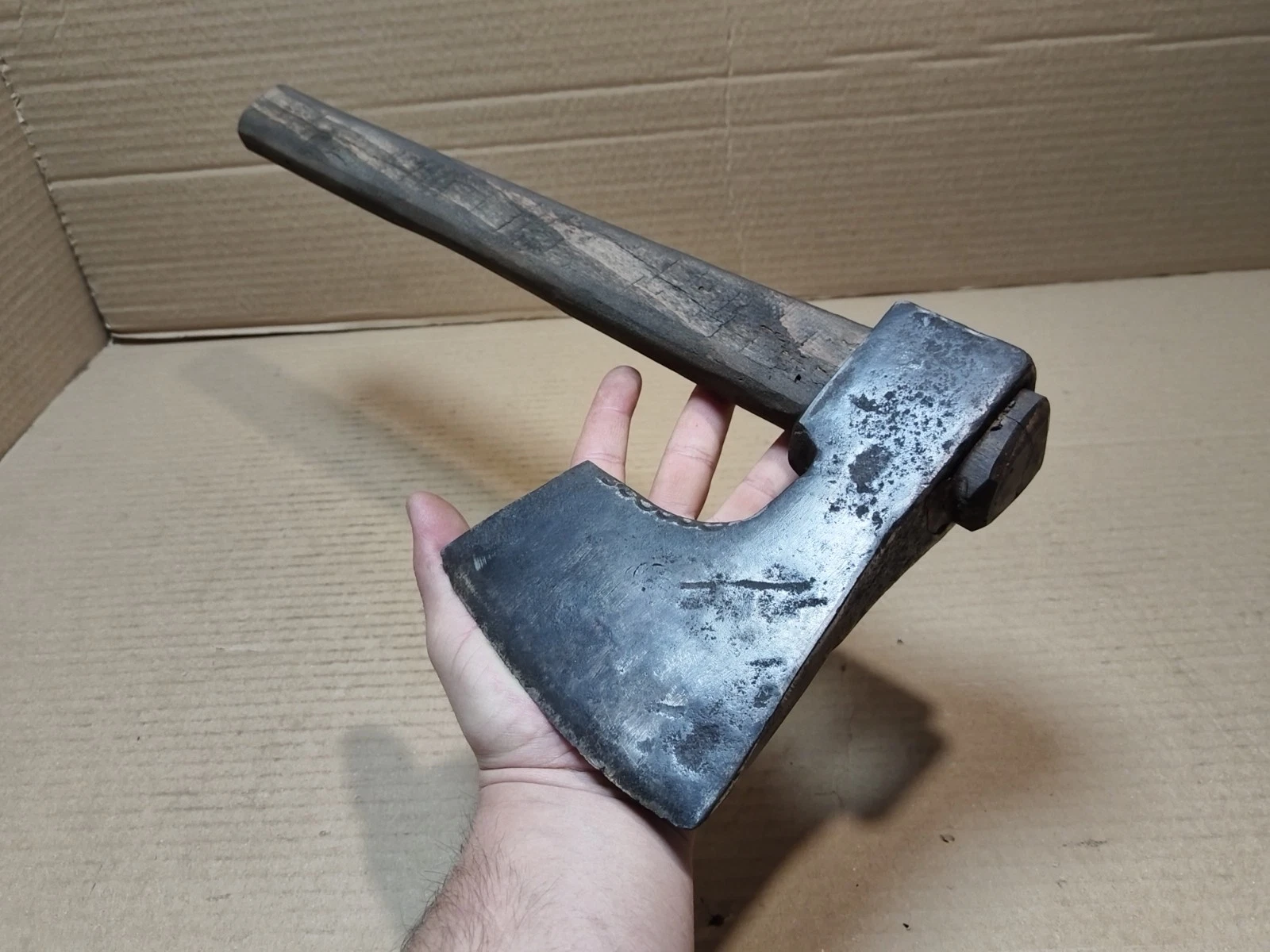 VINTAGE ANTIQUE HAND FORGED AXE HATCHET WITH WOODEN HANDLE FORGED HUNTING AXE