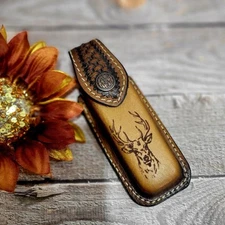 DEER GENUINE LEATHER KNIFE SHEATH  5.5 " FOLDING POCKET KNIFE HANDMADE BELT LOOP