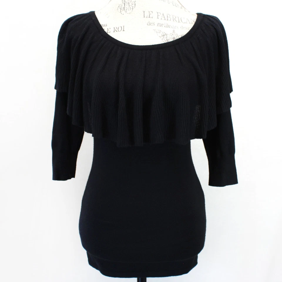 Suéter Arden B Negro Tejido Escote Volantes Hombro Descubierto Bodycon Pullover Pequeño Foto 2 de 4