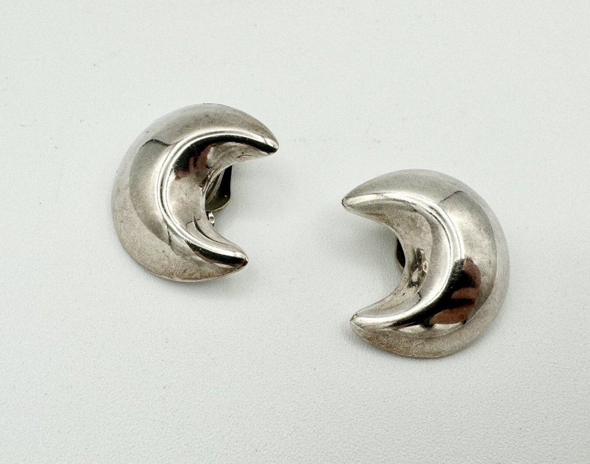 Vintage Puffy Moon Sterling Silver 925 Clip-On Earrings