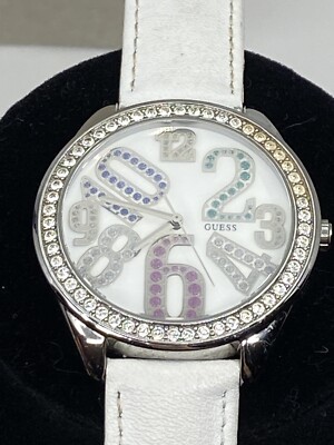 Guess rhinestone/white watch GUESS* White Leather Rhinestone Gold Watch. | Mercari main image 3