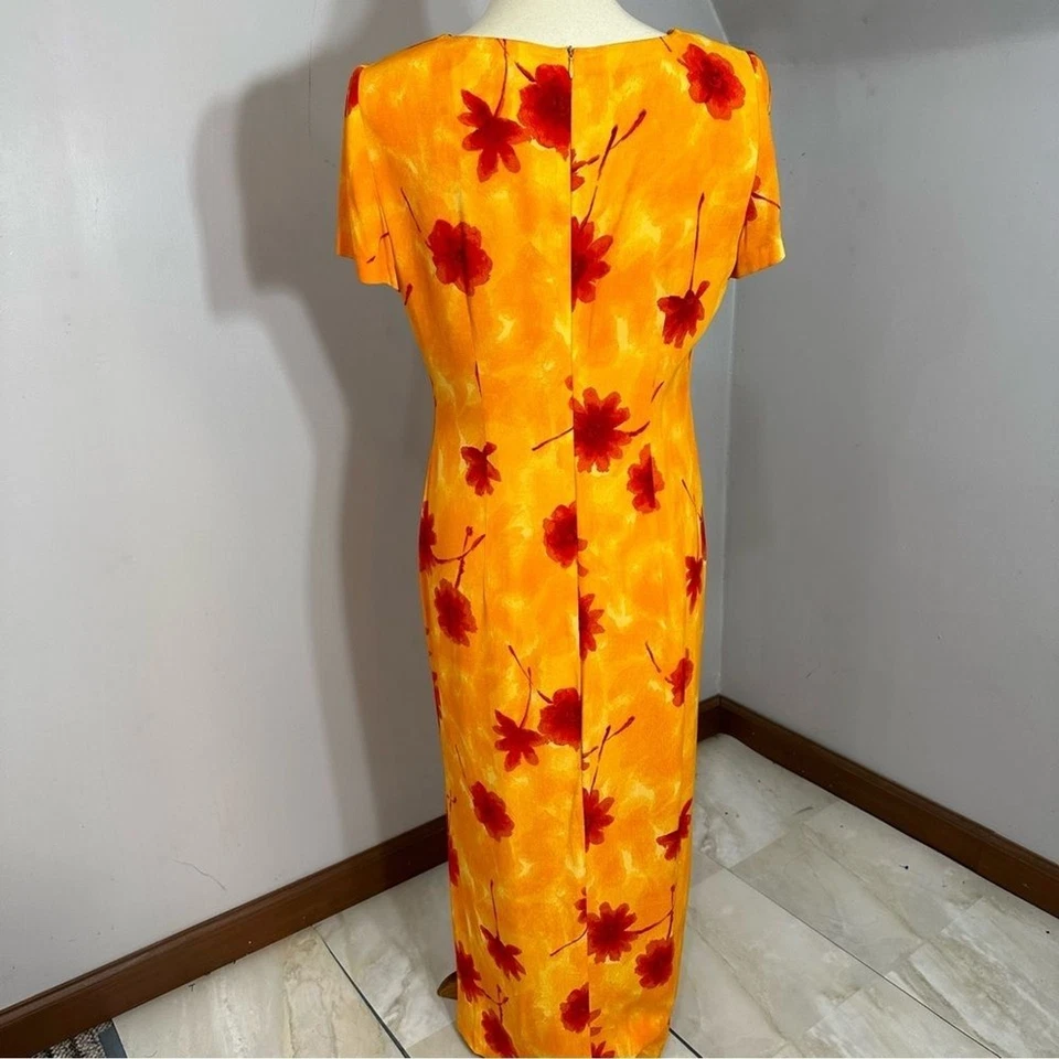 Vintage | Maxi Vestido Naranja Hawaiano | Estampado Completo Bodycon | Floral Verano Foto 3 de 4