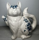 Anthropologie Elise Cat Ceramic Teapot Jar Décor White/Blue/Gold Collectible