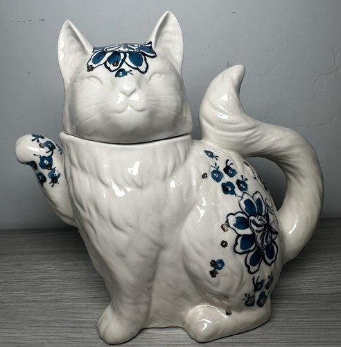 Anthropologie Elise Cat Ceramic Teapot Jar Décor White/Blue/Gold Collectible