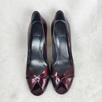 Stuart Weitzman Womens Patent Leather Red Peep Toe High Heel Pumps