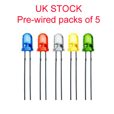 12V, 9V, 6V 5V vorverdrahtet 5mm LED's verschiedene Farben 5er Pack