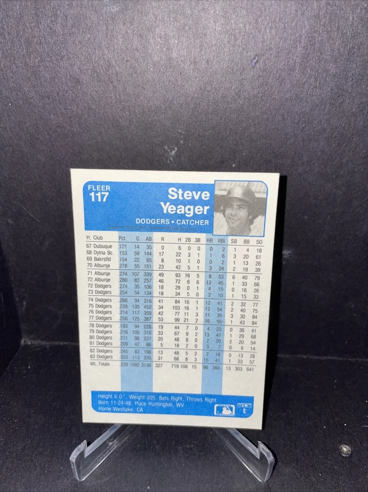 1984 Fleer Baseball Card #117 Steve Yeager - Image 4 of 4