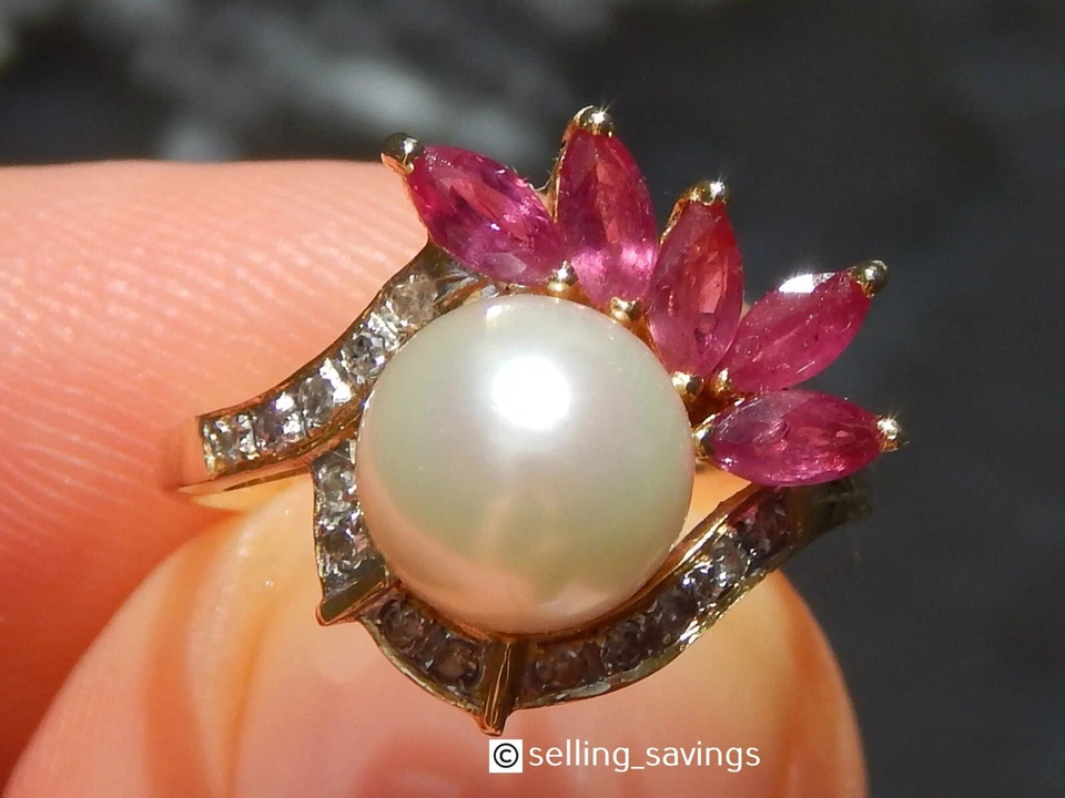 14K SOLID YELLOW GOLD 2.50 TCW PEARL RUBY & DIAMOND COCKTAIL RING SIZE 6 - Image 3 of 4