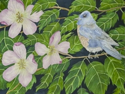 PAINTING WATERCOLOR 11X14 and MAT 16X20 FLOWER BIRD APPLE BLOSSOM BLUEBIRD BLUE
