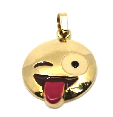 14k massives Gelbgold Emaille zwinkernd herausstehende Zunge Emoji Anhänger/Charm