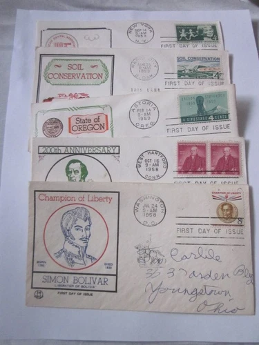 5 DIFFERENT US COVER 1958 FIRST DAY COVERS TRI COLOR CACHETS