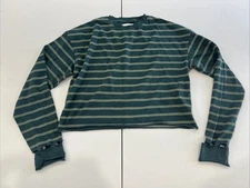 JOAH BROWN SoHo Crop Distressed Cuff Long Sleeve Shirt Striped Womens One Size