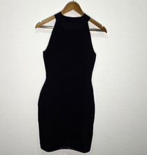 Quince High Neck Ribbed Knit Mini Dress Black M NWT Bodycon Halter Shift