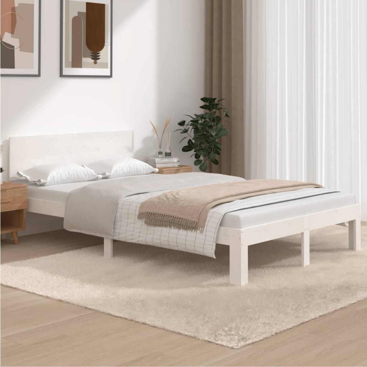 Bed frame Solid pine slatted bed frame 120x200 cm White - Rustic Design Single.