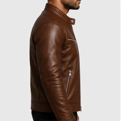 Men's Brown Leather Biker Jacket Cafe Racer Style Stand Collar Zip Pockets Men image 4