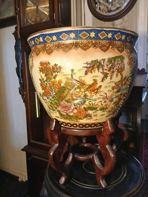 Orientalische Fischschale Porzellan Übertopf, 31 cm Durchmesser, Satsuma Garden