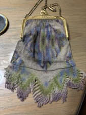Antique Whiting And Davis Art Deco Beautiful Pastel Pattern Mesh Purse W/ Mirror