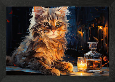 Katze im Café bei Nacht Gerahmtes Wandbild Poster Leinwanddruck Bild