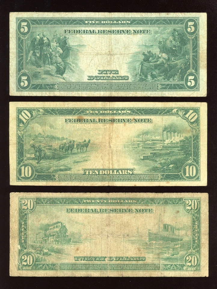 Set of 1914 $5 $10 $20 Federal Reserve Note Large Size Blue seal - Image 2 of 2