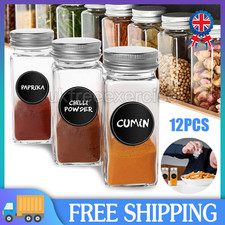 12 x GLASS SPICE JARS WITH SHAKER LIDS STORAGE BOTTLES CONTAINERS POTS AIRTIGHT