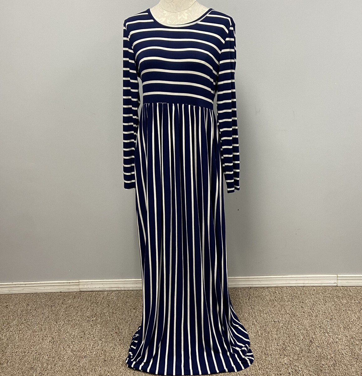 Grecerelle Womens Maxi Dress Navy Striped Pockets Scoop Neck Short